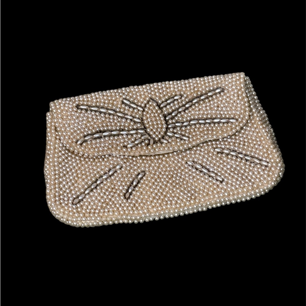 Vintage Clutch Purse 1950’s Faux Pearl Silk Lined Beaded Evening Bag Wedding MCM